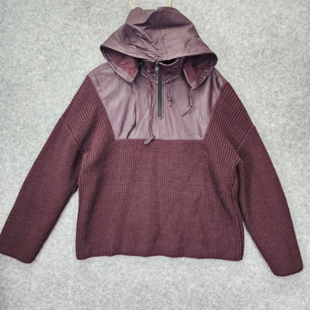 Y2K Tech Gorp‎ Burgundy Hoodie Sweater M Wool Knit Faux Leather Anorak 1/4 Zip
